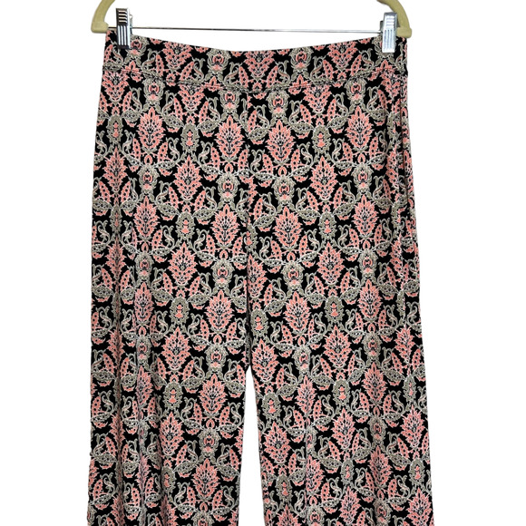 Max Edition Womens Pull On Pants Size Large Black Pink Floral Scroll Print Knit - Picture 2 of 6